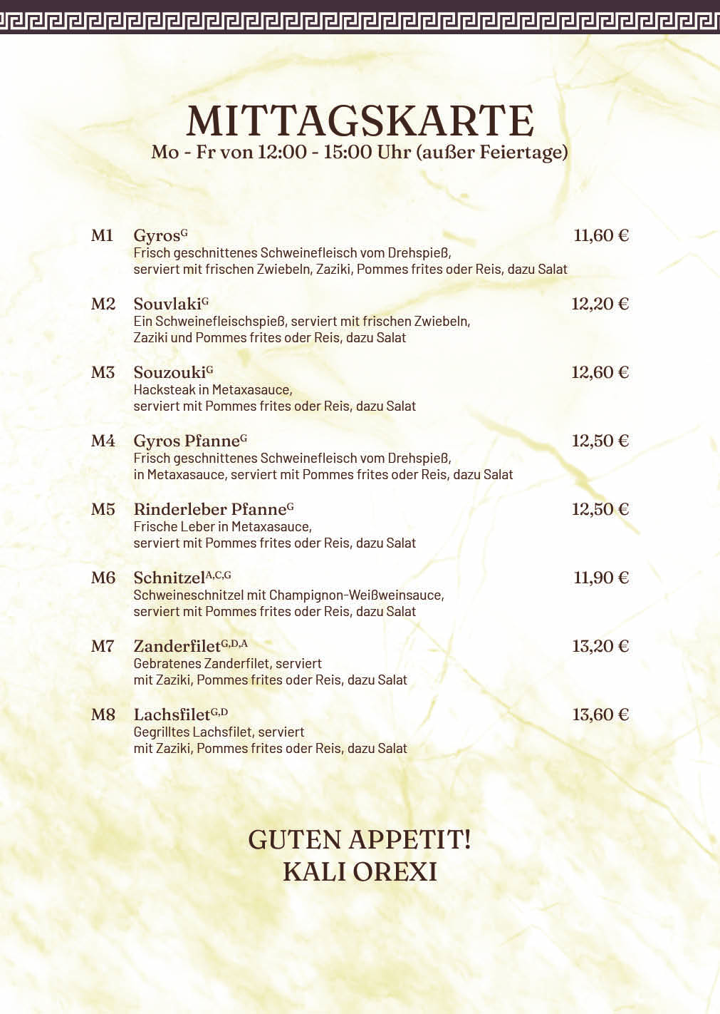 Restaurant Meteora Berlin - Pankow Mittagskarte